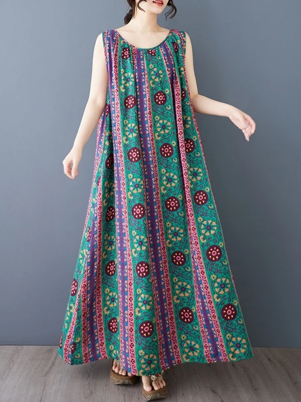 

Large Size Cotton Linen Long Dress Sleeveless round Neck Striped Print Loose Fit Summer City Commute Style A-Line Skirt