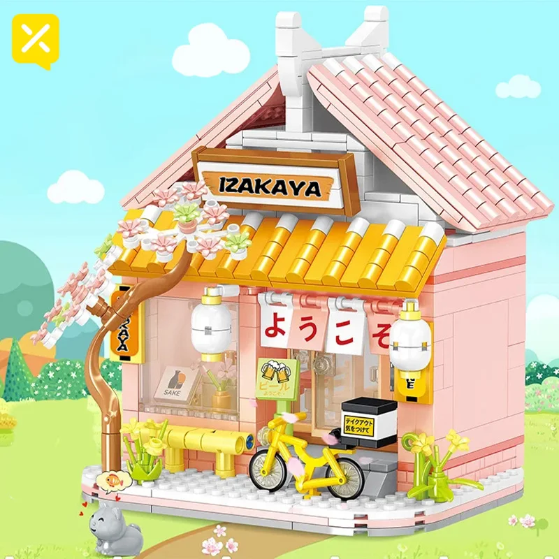 Mini Izakaya Sakura domek na drzewie klocki kwiat wiśni roślina widok na ulicę miasta cegły DIY Model ozdoba zabawka dla dzieci prezent