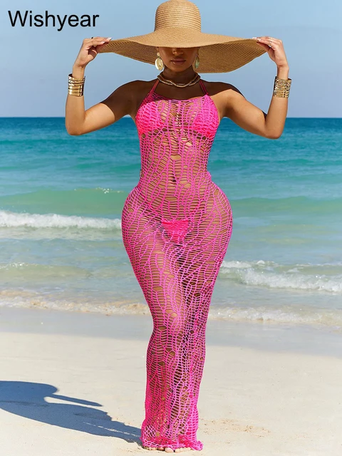 Seksowne letnie szydełkowe dzianinowa sukienka Bodycon plażowe w jednolitym kolorze wydrążone na szyję sukienka Maxi z odkrytymi plecami stroje wakacyjne 2024