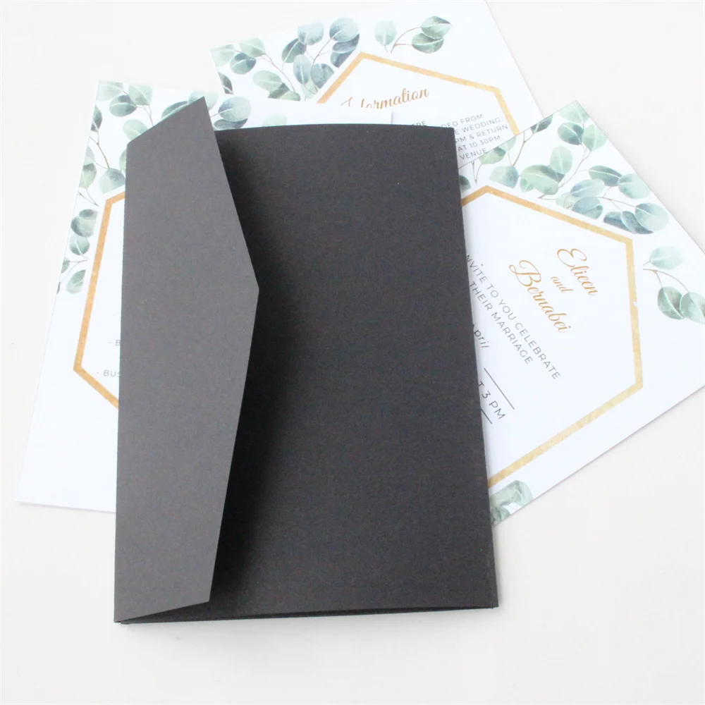 Matte Black Pocket Wedding Invitations Quarter Fold Custom Inserts Printing 250G Marriage Birthday Bridal Shower Card Envelop