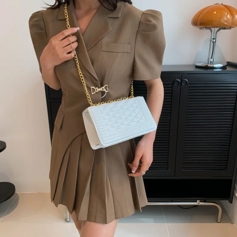 Crossbody Bag for Women Candy Color Embossed Small Mini Square Solid Color Chain Trendy Design All-match Casual Shoulder Handbag