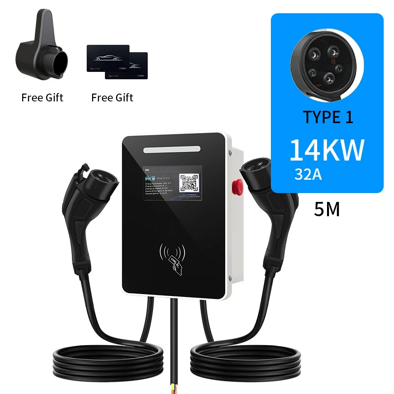 14KW Dual EV Charger Wall Mounted LED Indicator Type 1 Double Plug