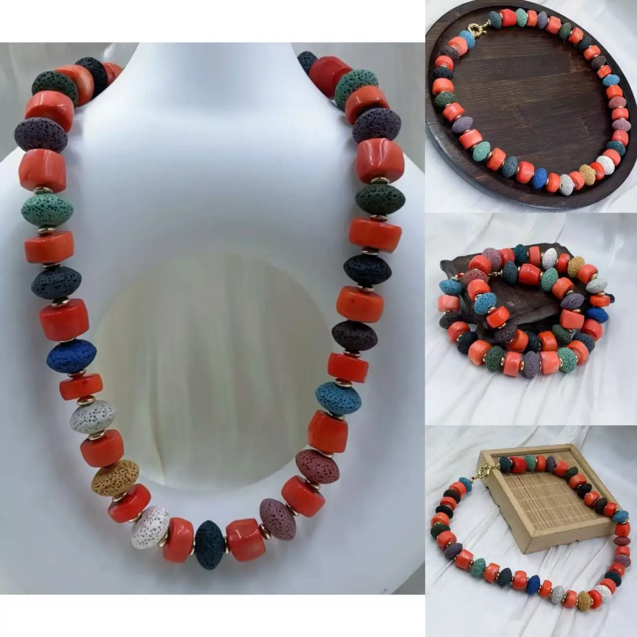 Punk New Style 2026 Vintage Jewelry Birthday Gift Orange Sea Bamboo Coral Lava Stone Chokers Necklace 17-20inch