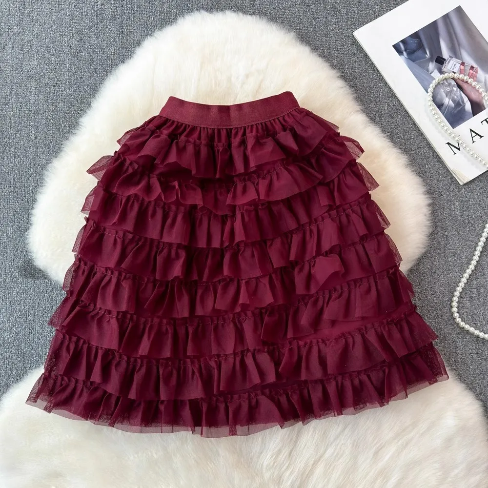 Black cake skirt for petite women, 2024 spring and summer new A-line midi skirt, tulle puff skirt