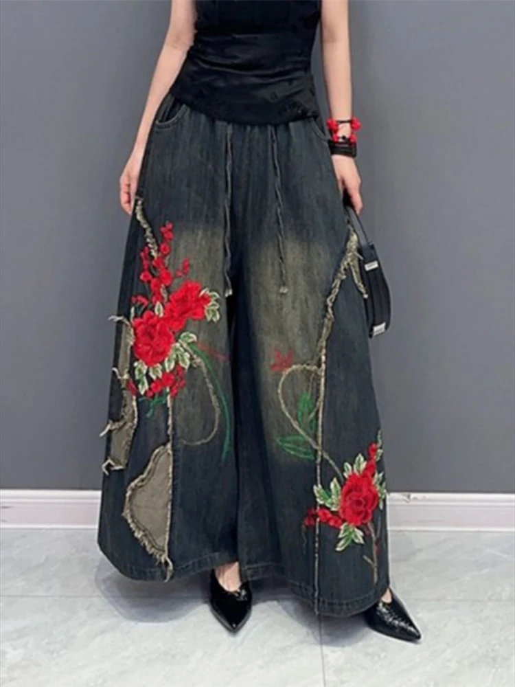 

Spring Women's Straight Jeans New Fashion High-waist Ethnic Style Embroidered Drawstring Oversized Denim Wide-leg Pants