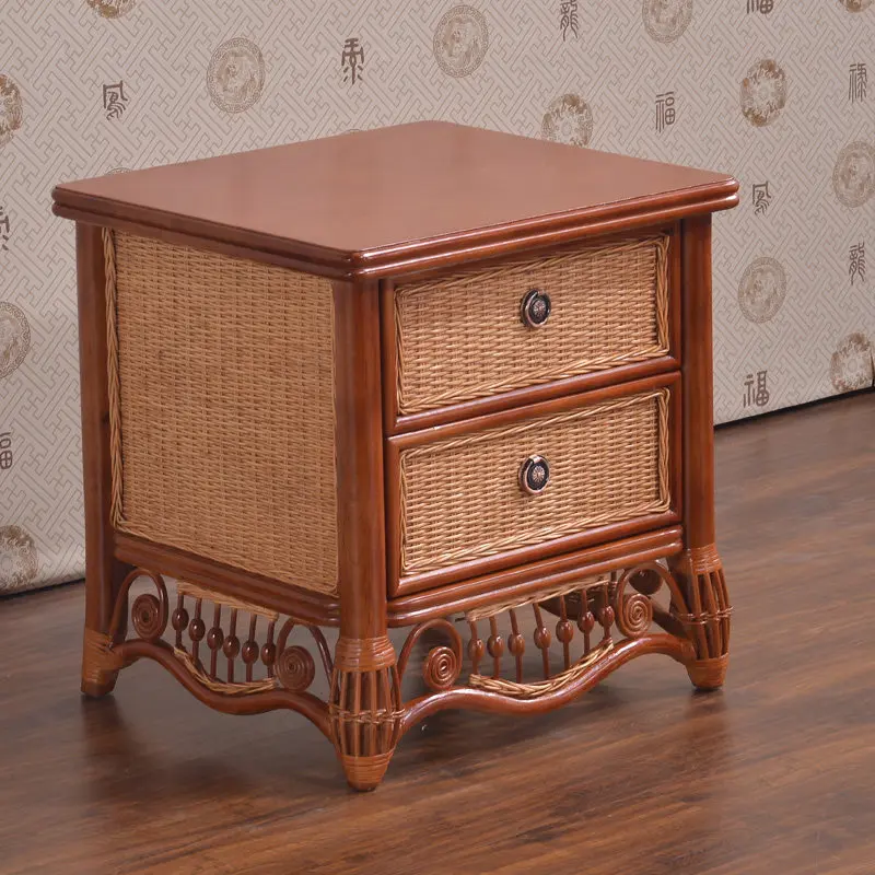 

Yjq new Chinese rattan bedside table storage solid wood retro rattan drawer rattan cabinet