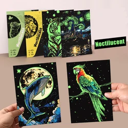 4 Pcs/Set A5 Noctilucent DIY Scratch Painting Castle Lanscape Cute Animal Night View Manual Scratch Painting Drawing