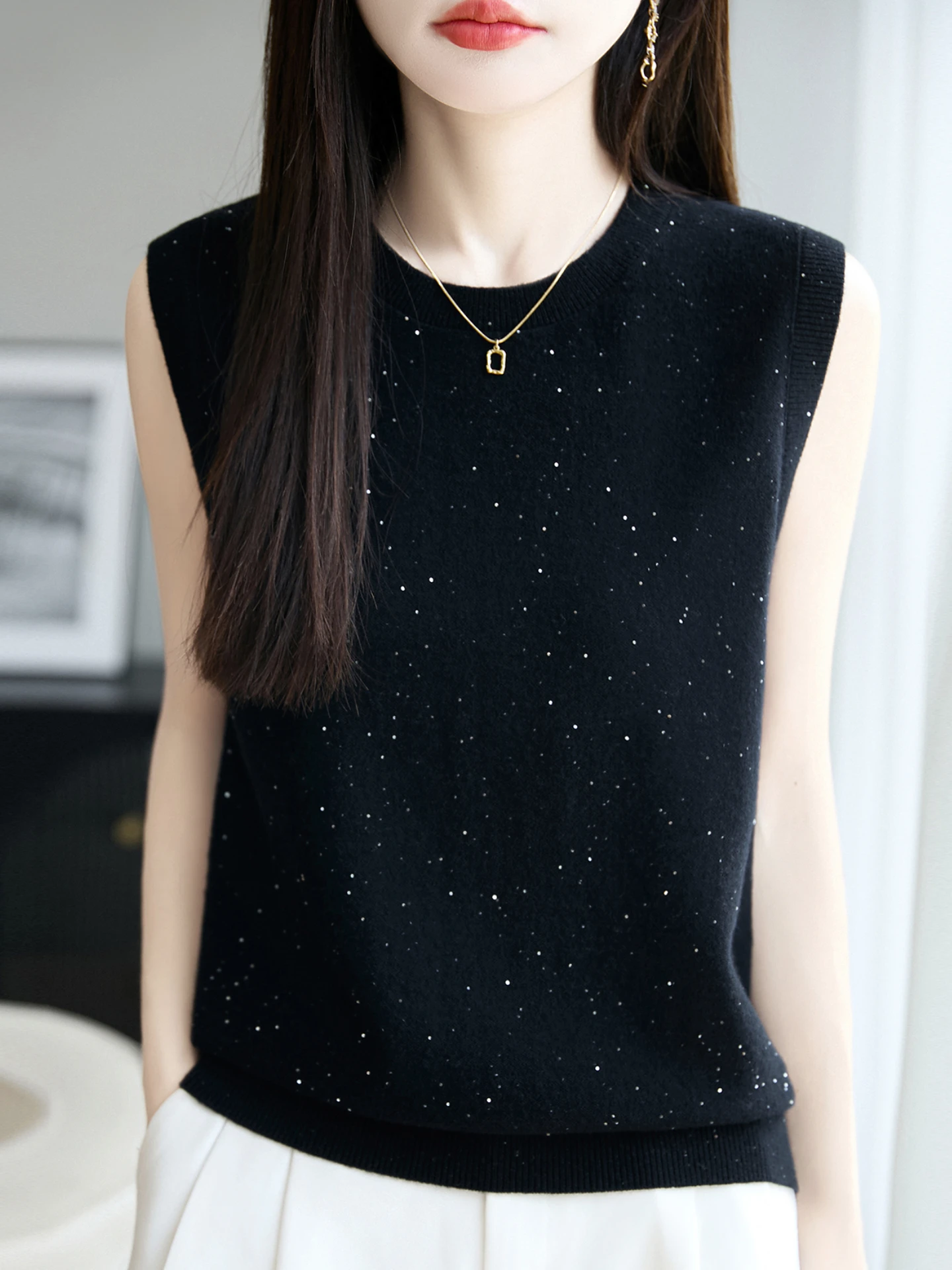 엘리 시퀸 순모 스웨이드 라운드 네이키드 니트 베스트 여성 아우터웨어 이너 매치 탑 베이스 아이르트 스웨터 베스트