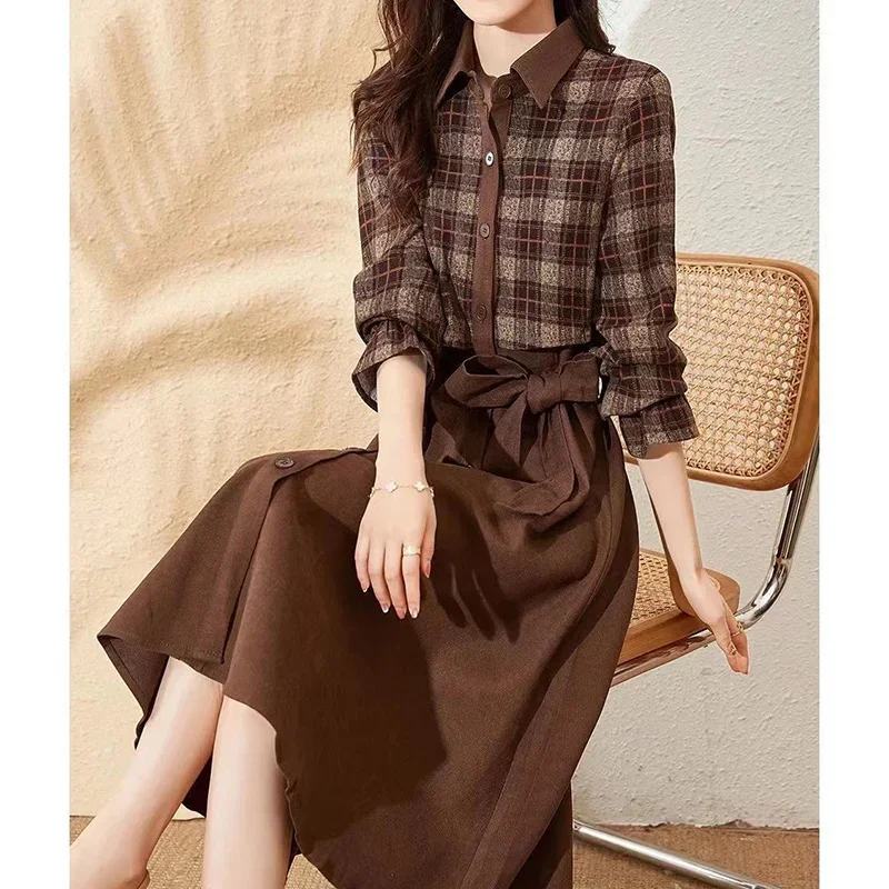 

Spring Autumn Elegant Vintage Plaid Patchwork Print Waist A-line Dresses Ladies Long Sleeve Belt Temperament Midi Dress U514