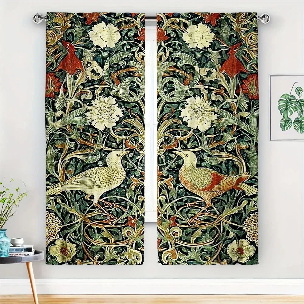 2pcs Morris-Style Curtain No Rod — Birds & Lilies in Emerald, Ruby, Cream; Intricate Floral Scrollwork for Elegant Home Decor