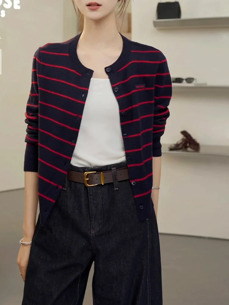 

Повседневный вязаный кардиган в полоску с цветовыми блоками, модный топ больших размеров, стройнящий фигуру, для осеннего сезона, новинка от Xue Menu