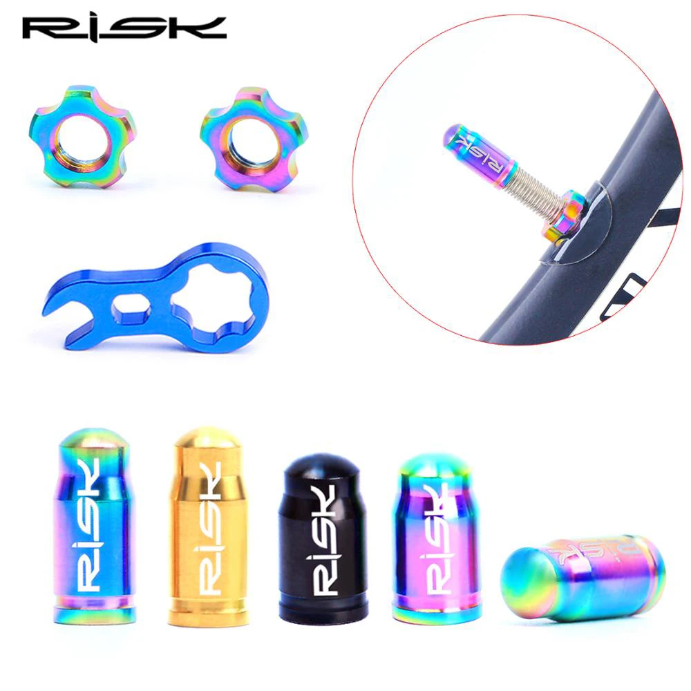 RISK Titanium Alloy Bicycle Air Nozzle MTB Road Bike Nut/Wrench/Protection Sticker Set French American Dust Cover Accessories