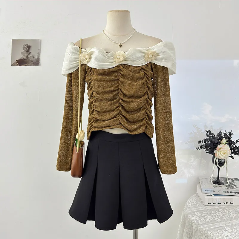 

Новинка Весна 2026: Модная женская футболка с длинным рукавом, драпировкой и 3D цветочным декором, топ с открытыми плечами, трендовая, элегантная, приталенная.