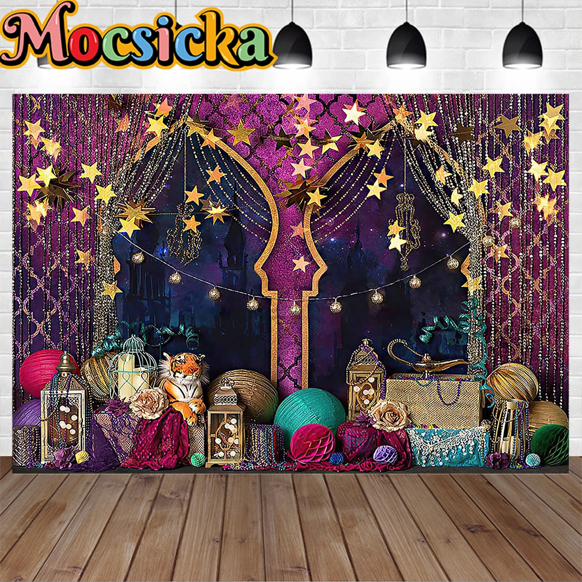 Retro Palace Arabian Festival Celebration Background Banner Golden Star Ball Glitter Photography Backdrop Baby Newborn Portrait