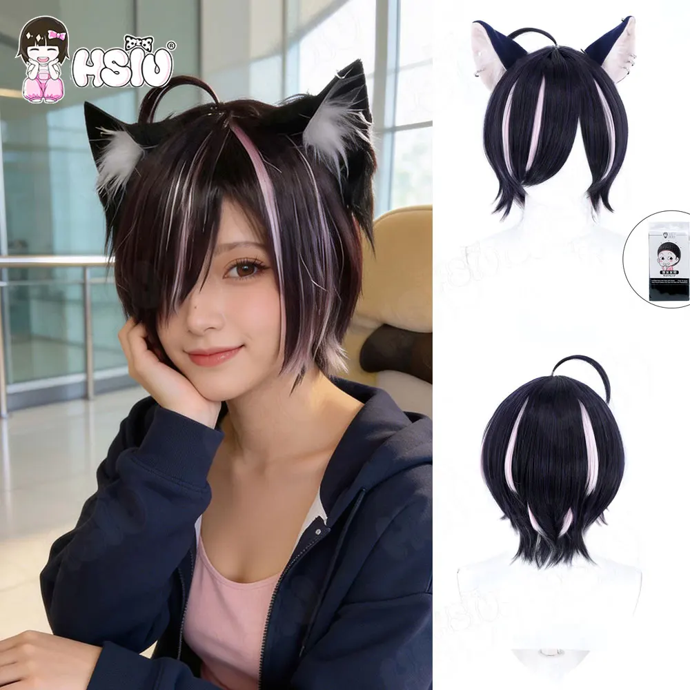 Chainsmoker Cat Anime Wig HSIU Short Mixed Black Purple Pink Synthetic Heat Resistant Hair Free Wig Cap for Cos Accessory