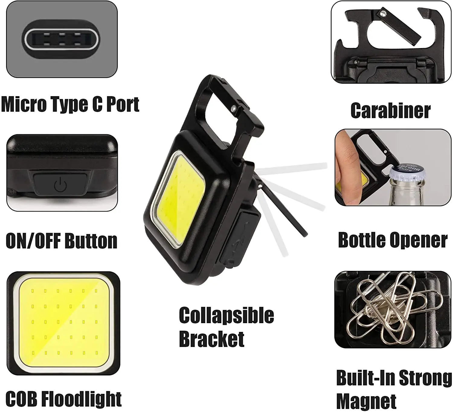 Small LED Flashlight COB Rechargeable Keychain Mini Flashlight Portable Pocket Light with Bottle Opener Magnet Base for Camping