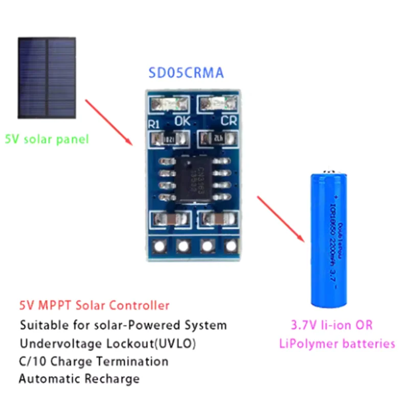 MPPT Solar Charge Controller 1A 4.2V 3.7V 18650 LiPo Li-ion Lithium Battery Charger Module SD05CRMA Solar Panel Battery Charging