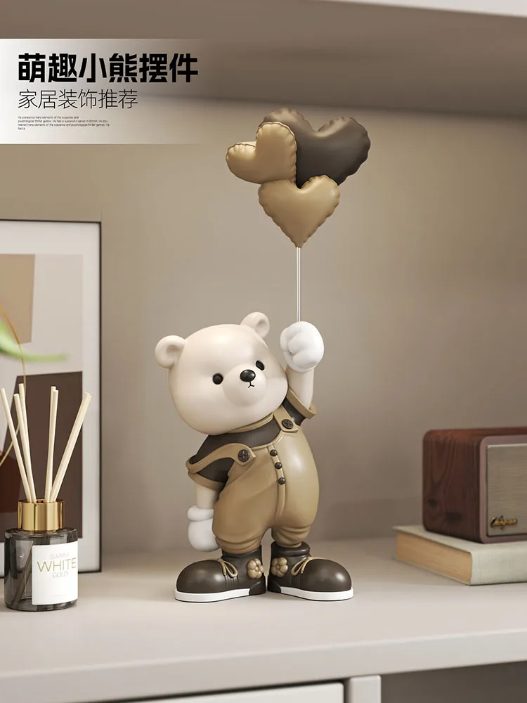 Cute Cartoon Overalls Bear Resin Figurine Holding Heart Balloons Lovely Desktop Ornaments Statues Wine Cabinet Sweet Home Decor