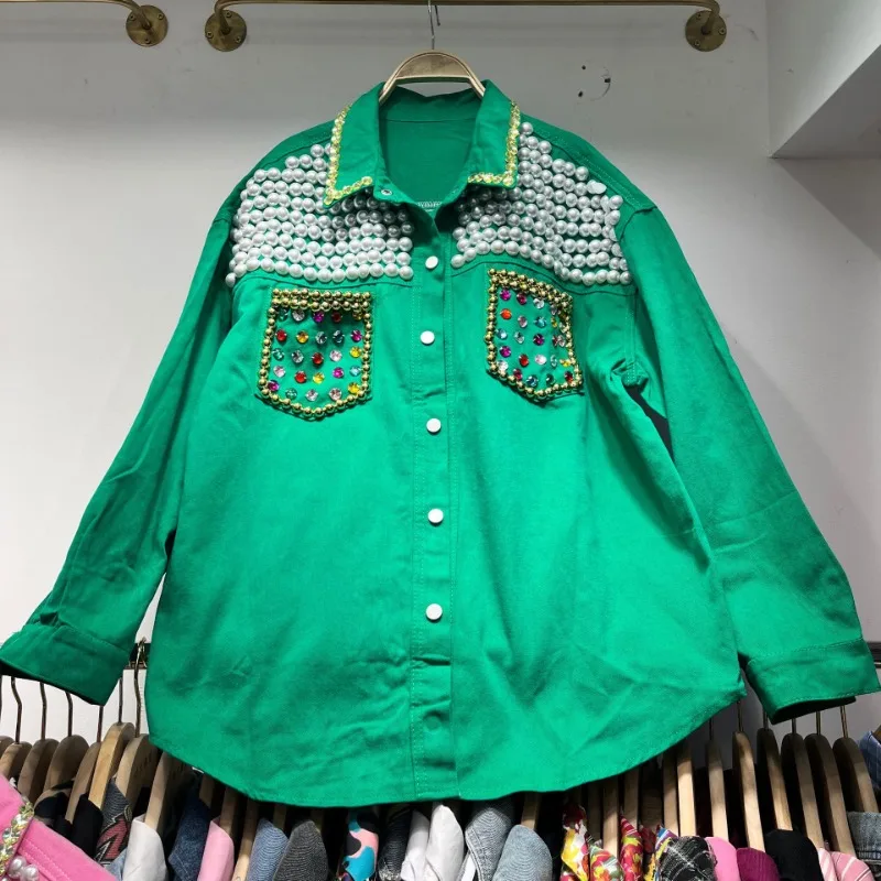 European Station 2025 Spring and Summer Heavy Industry Beaded Sequins Design Sense Loose Versatile Foreign Denim Shirt Women