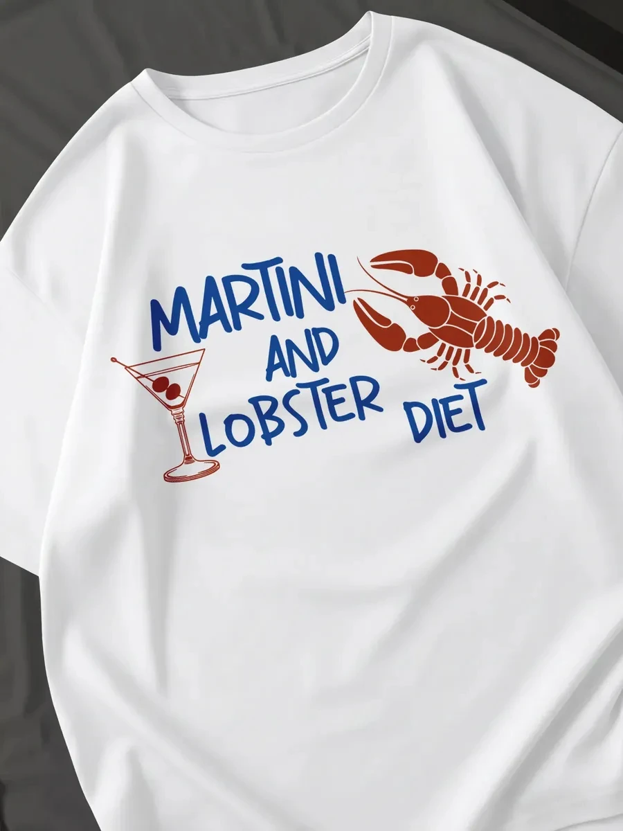 Martini And Lobster Diet Printed T-Shirts Womens Cotton Summer Oversized Tops Casual Soft Short Sleeve Tees Basic O-Neck Clothes