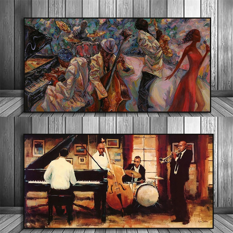 Music Jazz Band Singer Musician African Man American Art Music Canvas Painting  Saxophone Piano Cello Poster Print Home Decor