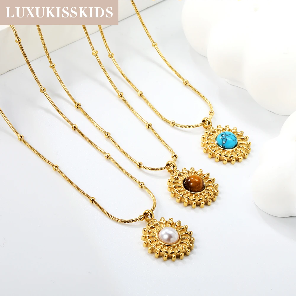 LUXUKISSKIDS Gold Plated Weave Chain Necklace Bracelets Set Fashion Round Stone Jewelry Sets for Woman Wedding Party Accesories