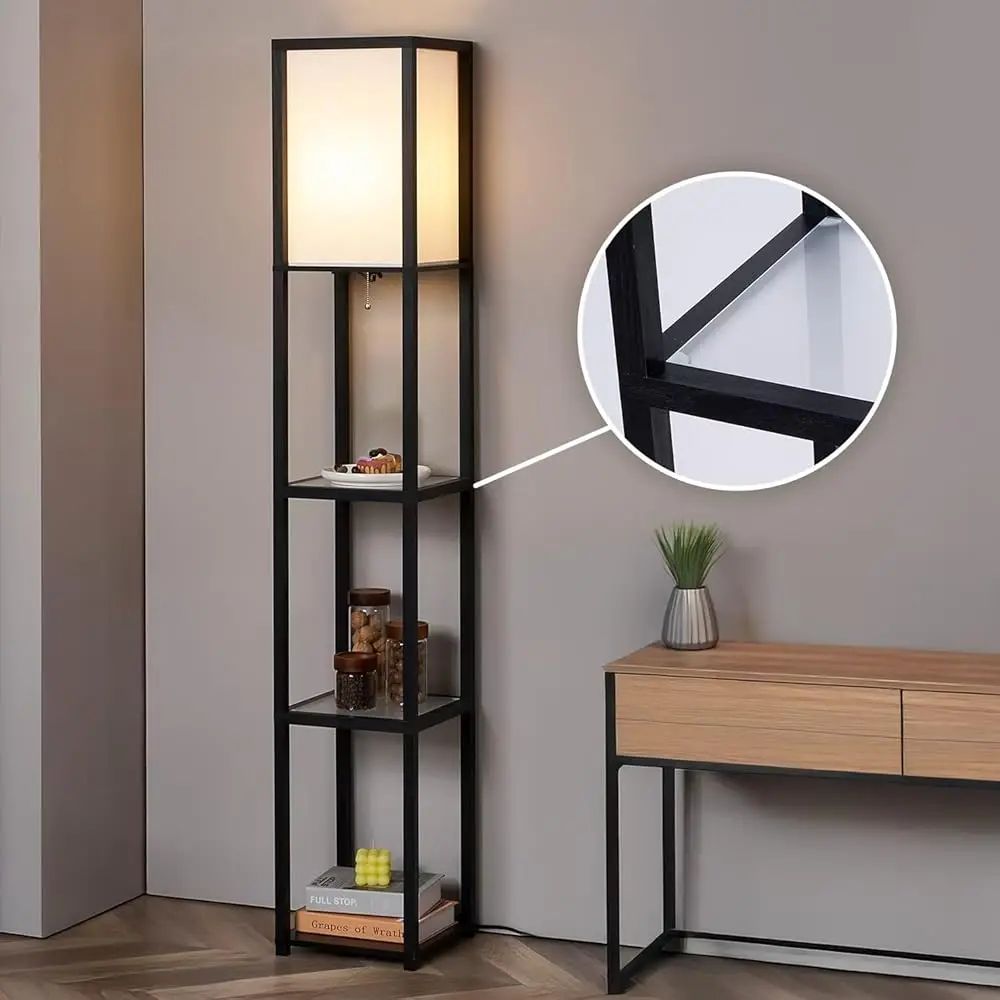 

Floor Lamp With Shelves, Modern Square Standing Lamp With Glass Shelves, Corner Display Shelf With Light, Tall Lamp With