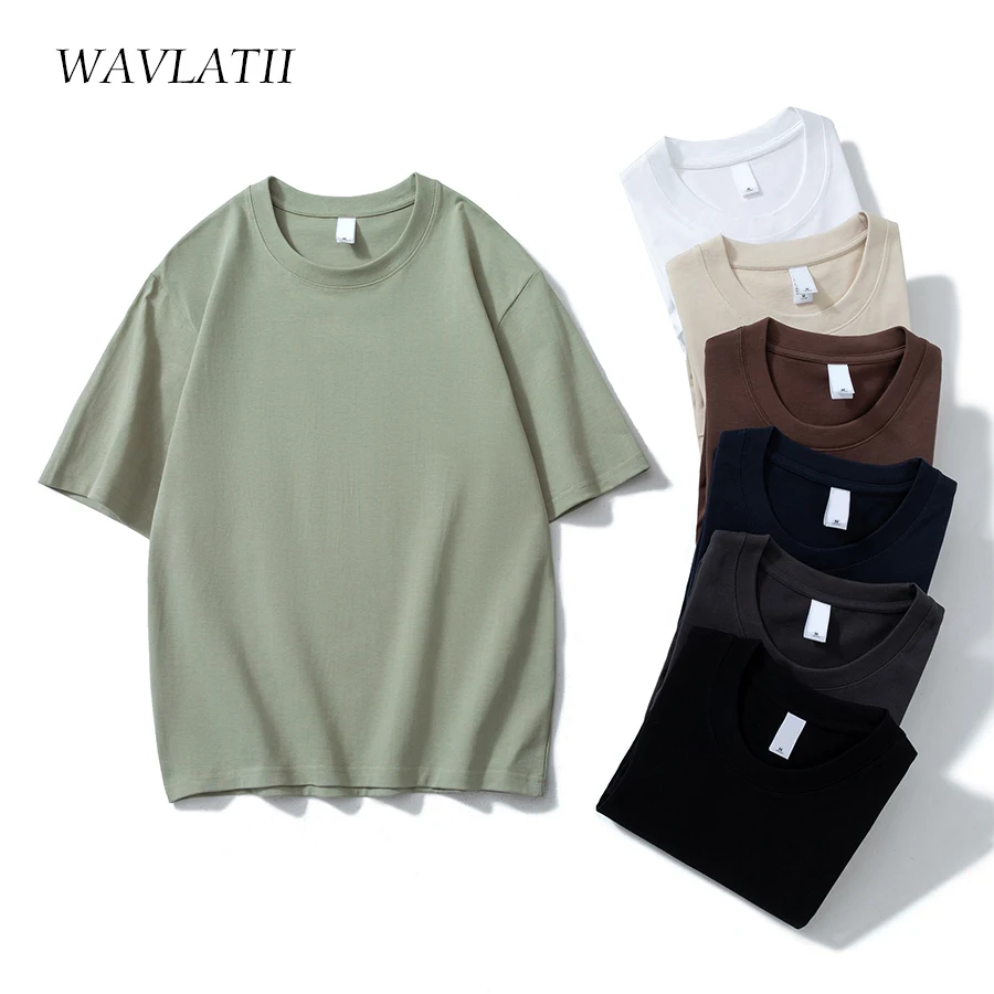 WAVLATII New Women Men 100% Cotton T shirts Female 280 GSM Khaki Casual Oversize Tees Unisex White Basic Tops for Male WT2477