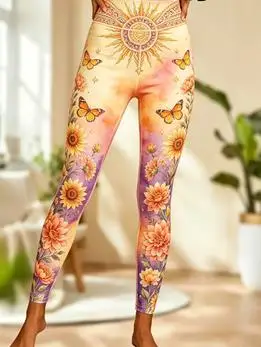Women Mid‑Rise Fleece Lined Leggings Galaxy Moon Face Butterfly Floral Print Slim Stretch Thermal Pants - view 5