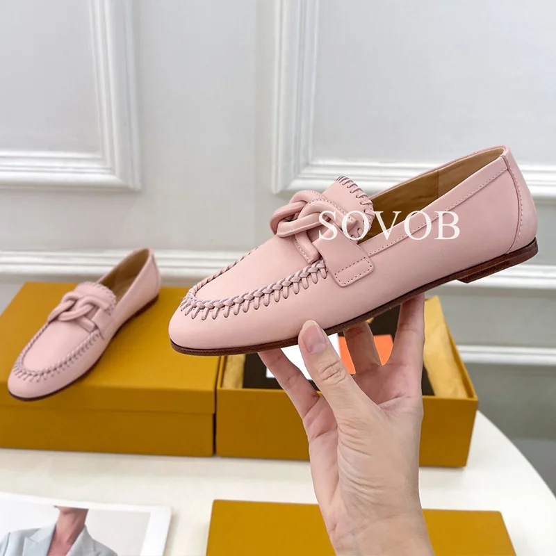 Spring Autumn Deep Mouth Loafers Women Genuine Leather Chain Decor Flat Walking Single Shoes Ladies Daily Vacation Lazy Shoes