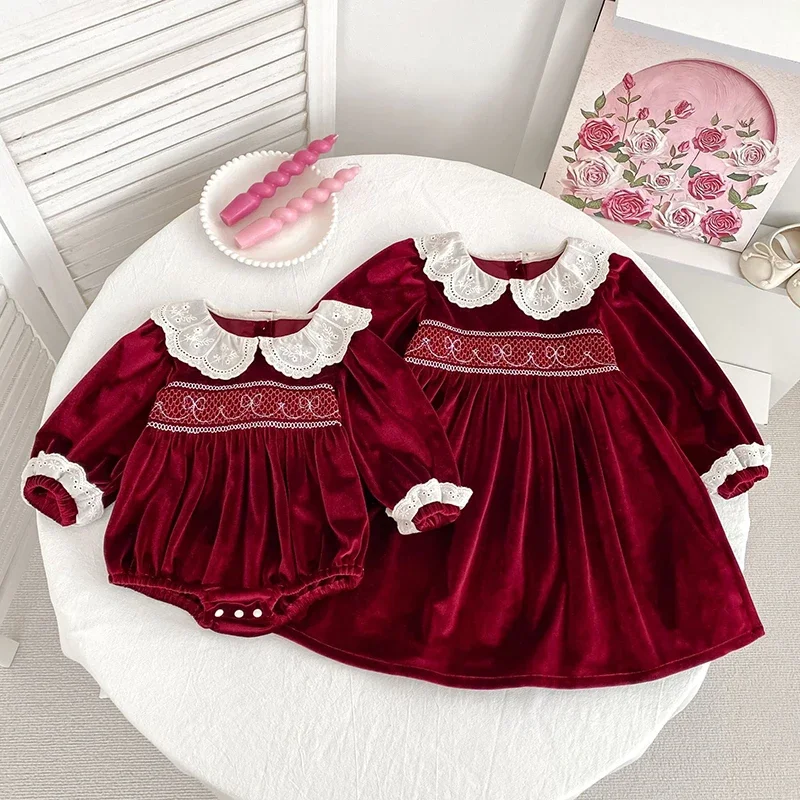 

2025 New Autumn Christmas Style Children Clothes 2-6Y Girl Party Dress Long Sleeved Lace Splice Kids Princess Dress Baby Romper
