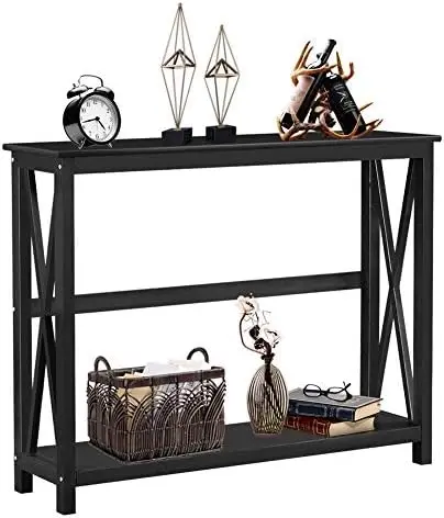 

Black Finish X-Design Wood Console Table, Narrow Accent Sofa Table with Bottom Open Shelves for Entryway Hallway Small tables