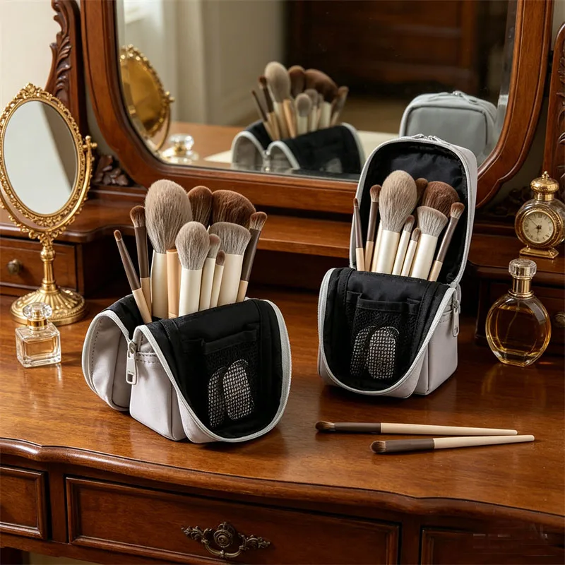 Portable Standing Makeup Brush Case Cosmetic Brush Storage Bag with Elastic Bands & Mesh Pocket Foldable Cosmetic Brush Case