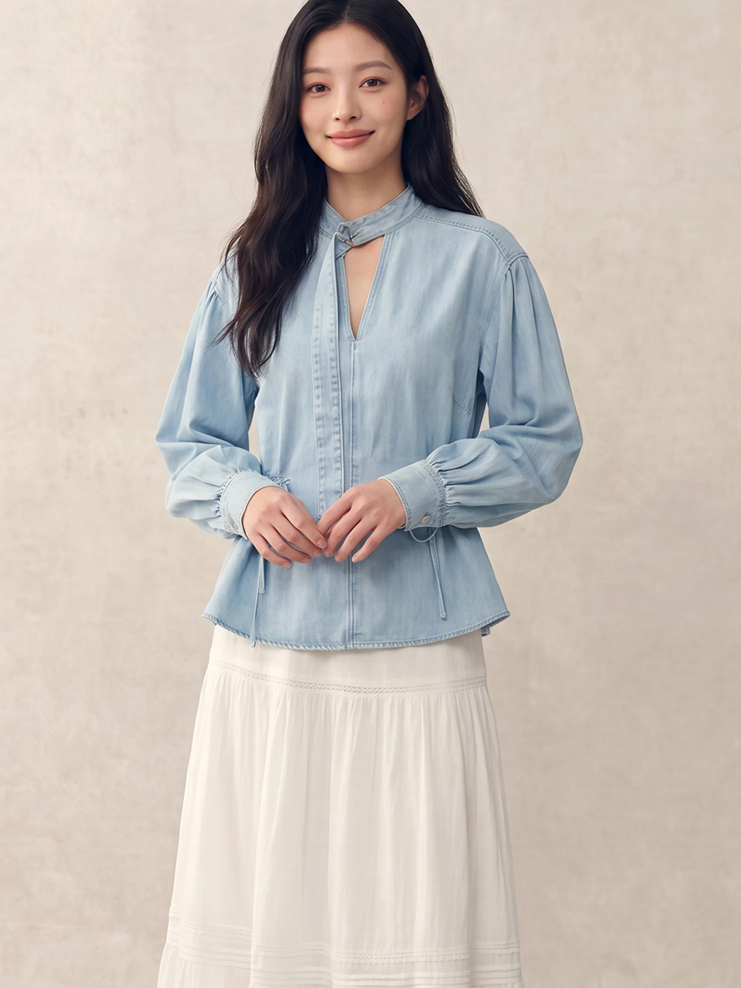 

Casual Versatile Women's Denim Shirt Summer 2026 Commute Style Loose Fit Long Sleeve round Neck Non-Stretch Chinese Production