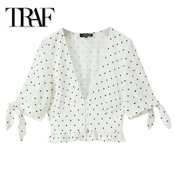 TRAF Polka Dot Crop Tops Women 2024 Ties Short Sleeve Blouse With Ruffles Summer Short Tops Woman Fashion Youthful Blouses