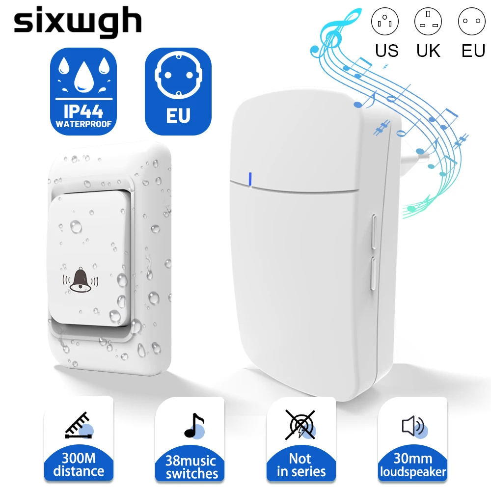 

Waterproof wireless doorbell set with 300M remote control and multi country plug. EU/UK/USA supports 38 custom melodies