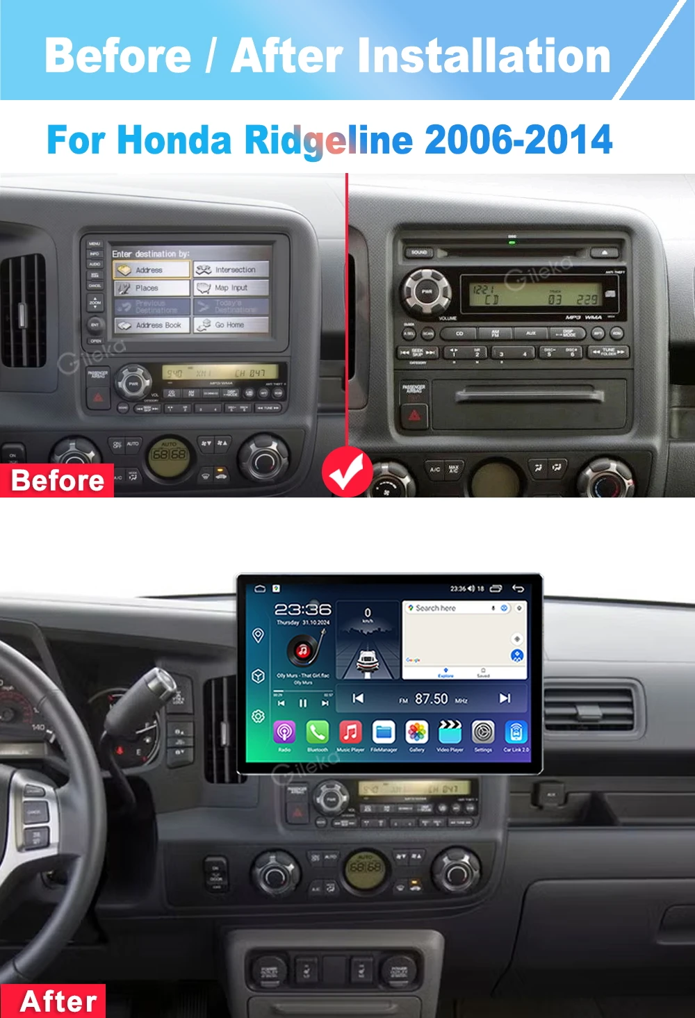 12.5 inch 2K Screen Carplay Android For Honda Ridgeline 2006-2014 Car Radio Stereo Multimedia Player GPS WiFi BT