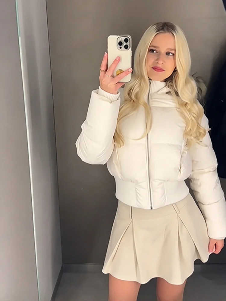 Fashion Women's Faux Fur Hood Cropped Cotton Jacket Zip Up Slim Waist Pocket Warm Thicken Coat Winter New Lady Casual Streetwear