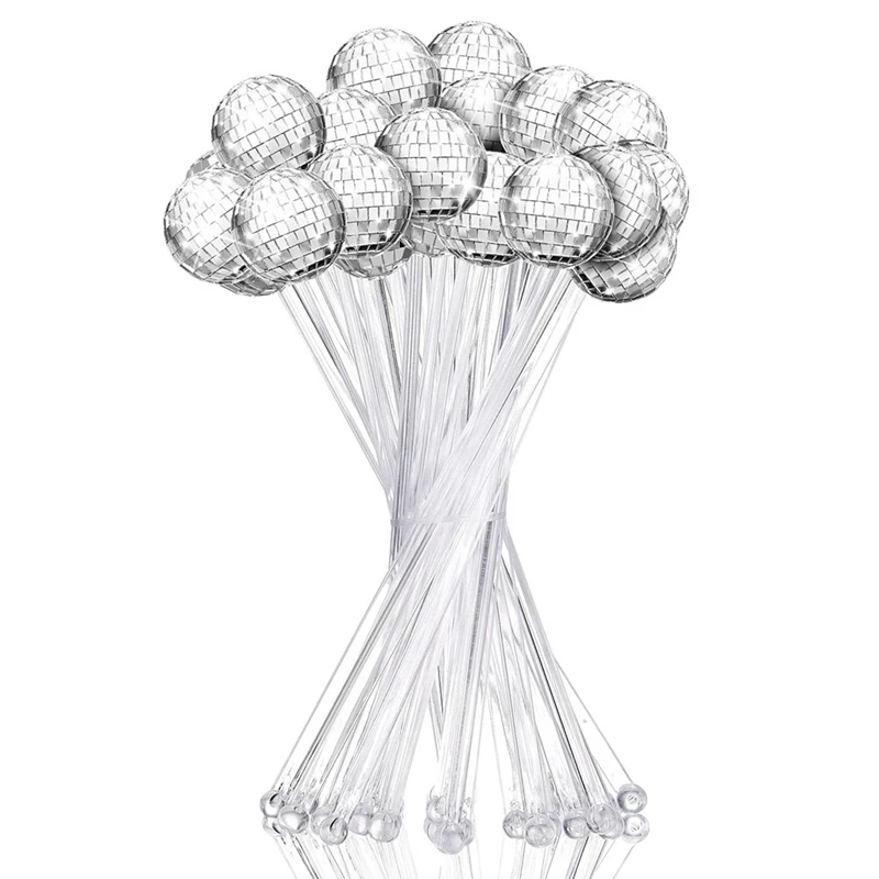 24 Pcs Disco Balls Cocktail Stirrers Plastic Round Top Swizzle Sticks Cake Mirror Ball For Home Bar Coffee Shop Use