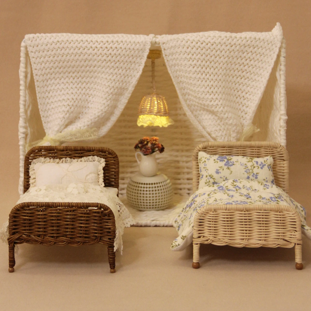 1:12 Miniature Furniture L-16Cm Dark Rattan Bed with Bedding, Suitable for Bjd Ob11 Mini House Home Decor