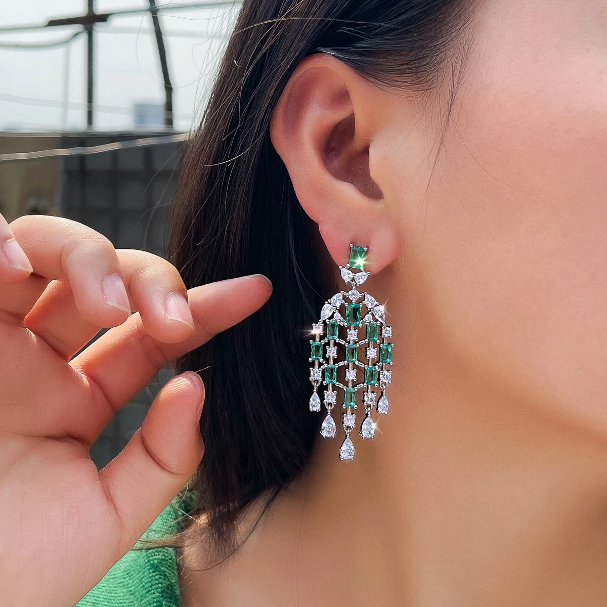 CWWZircons Luxury Europe Royal Cubic Zircon Light Blue Long Tassel Water Drop Earring for Women Engagement Wedding Jewelry E0855