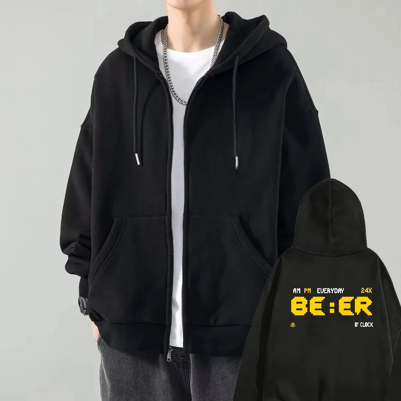 

Mens Hooded Jacket Black Beer Print Text AM PM Everyday 24X Streetwear Casual Outfit for Daily Wear and Leisure Activities