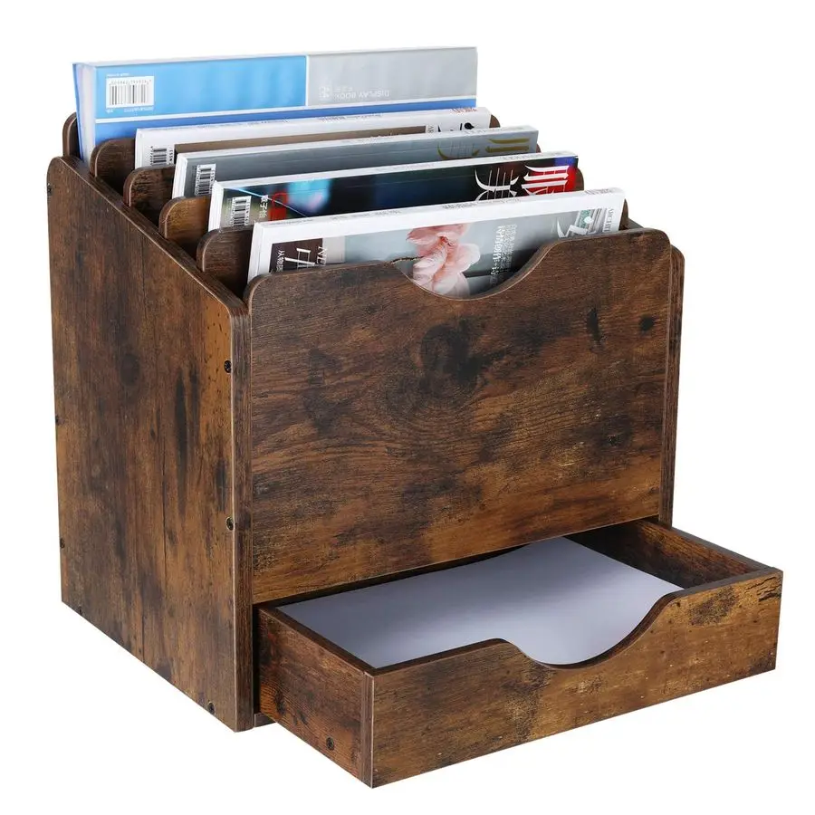 

Wood Desktop File Holder Organizer Mail Sorter with Drawer, for File Folders, Mails, Envelopes, Mailing Supplies or Magazines, 6