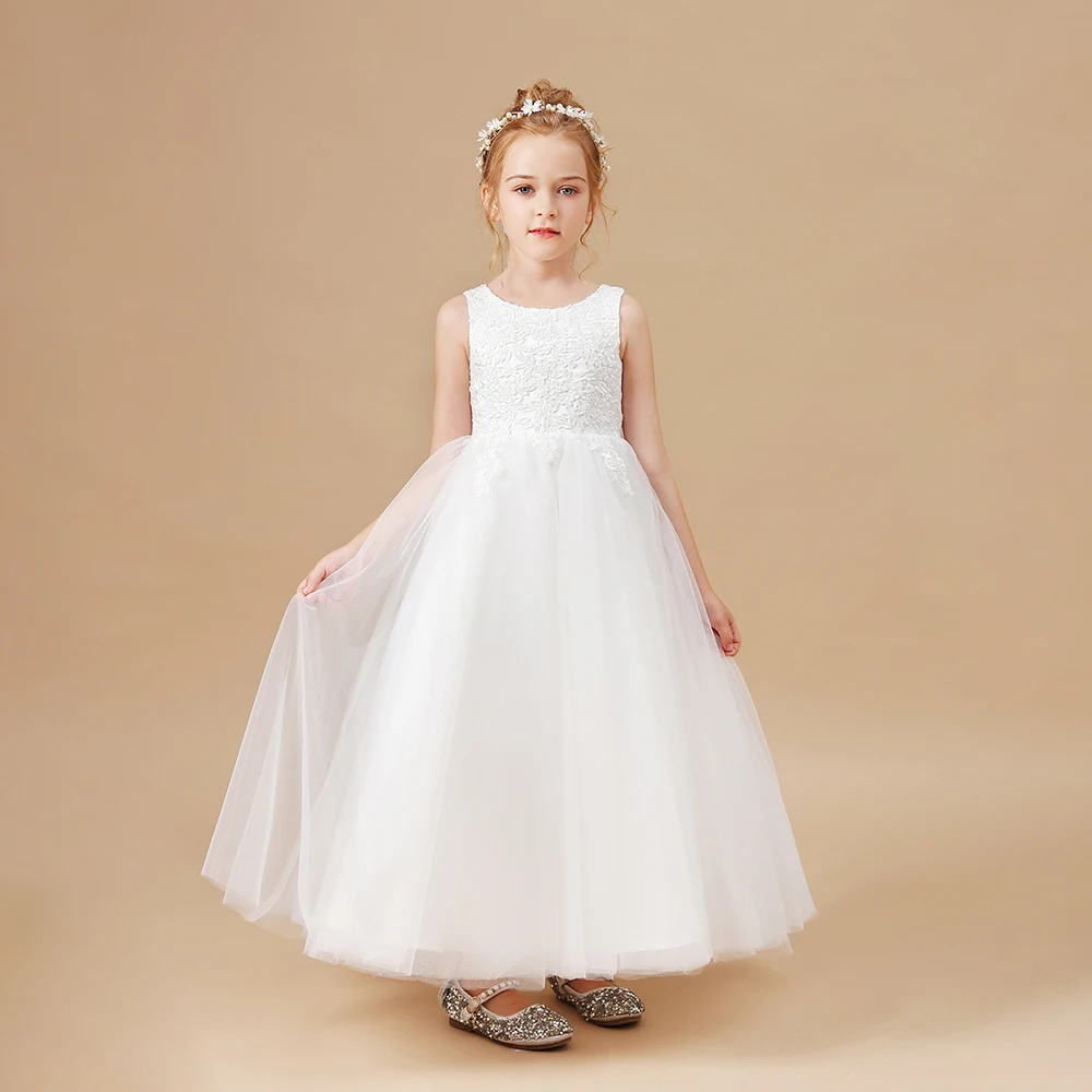 

Elegant Flower Girl Dresses Applique Sleeveless Cascading Kids Pageant Gowns For Weddings First Communion Dresses