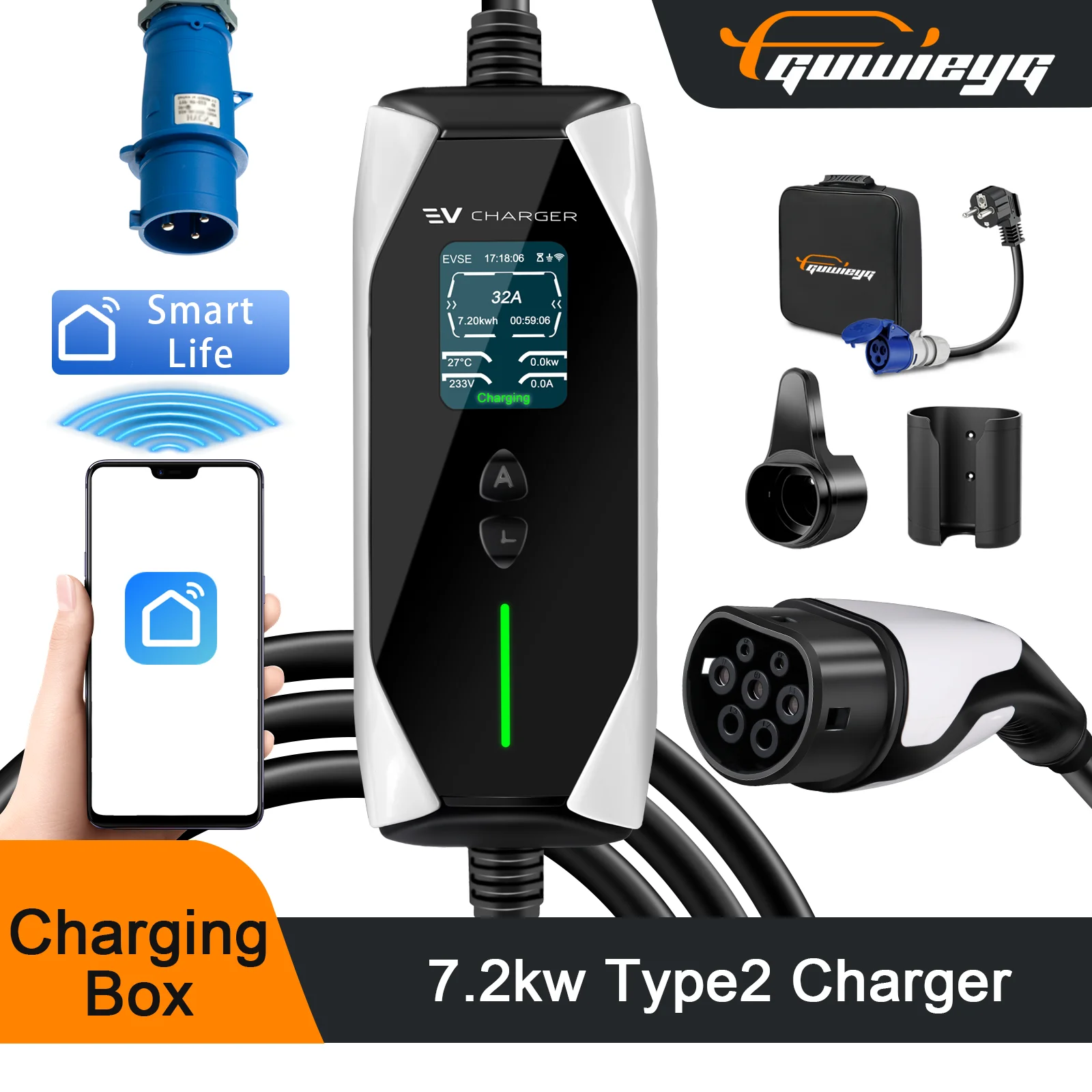 GUWIEYG Type2 Portable EV Charger 7.2KW 32A 5Meter Cable IEC 62196-2 Wallbox EVSE Fast Charging  APP Control