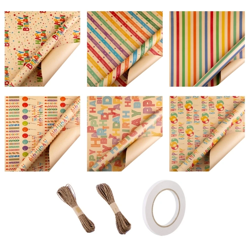 New Pack of 6 Pleased Gift Packaging Paper Unique Birthday Present Wrap 6 Sheets 50x70cm with Tape Card and Straw Rope