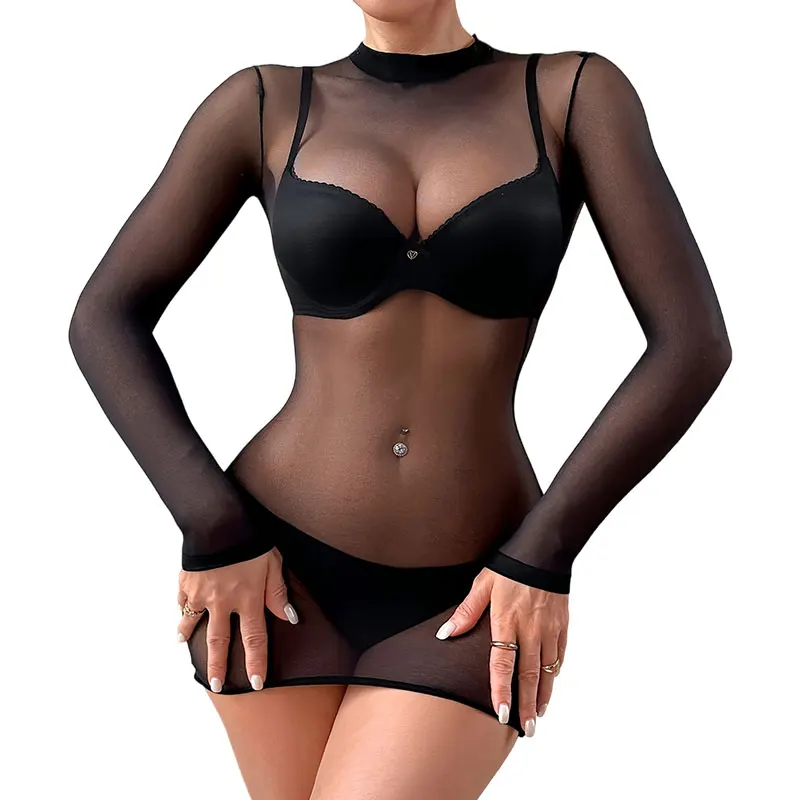 

Solid Ultra-thin Sheer Beach Skirt Lace Veil Long Sleeve Crew Neck Summer Shawl Sexy Lingerie Tulle Short Dress Woman Bodysuit