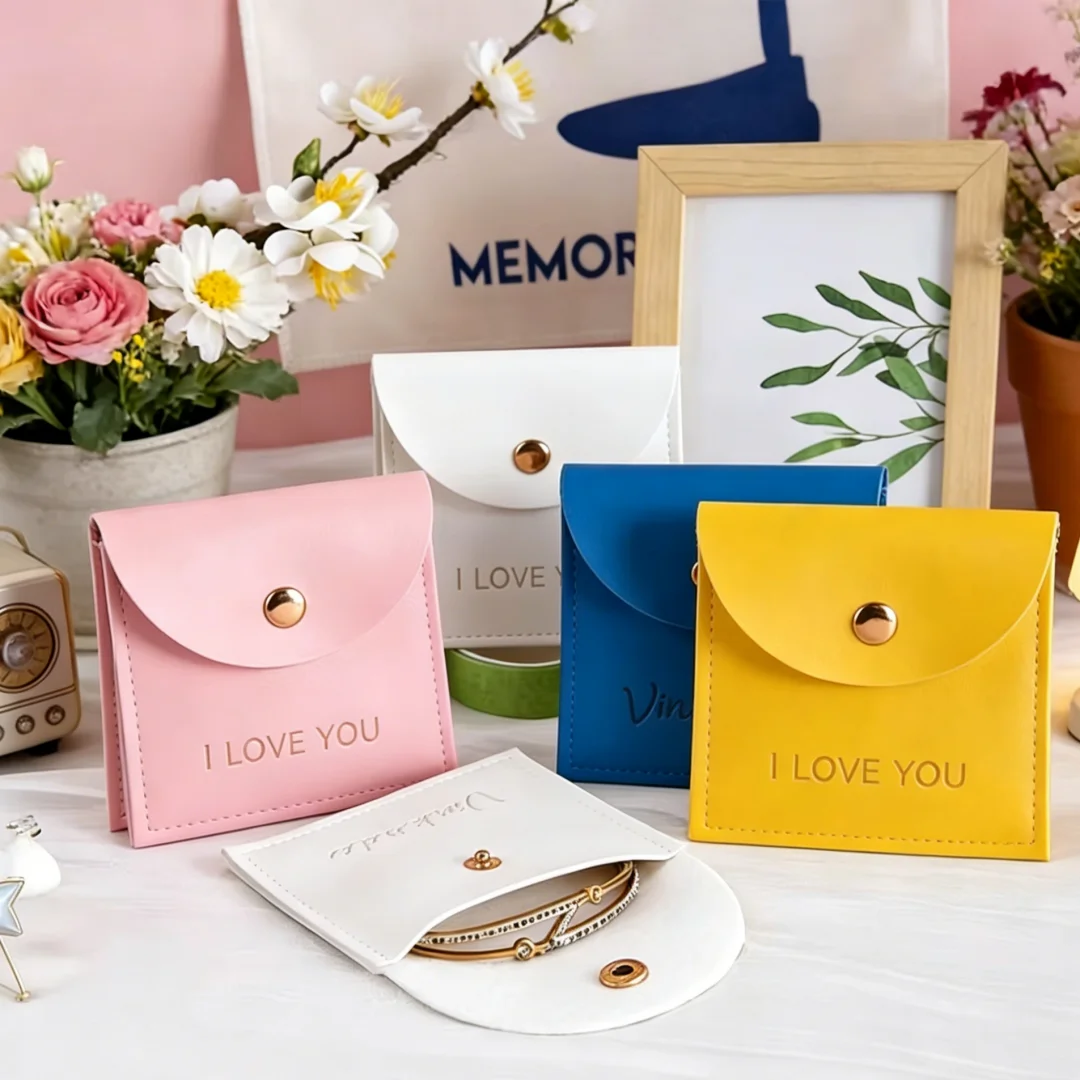 

50pcs Custom Logo 9x9cm PU Leather Bag with Gold Snap Jewelry Envelope Button Pouch Gift Rings Travel Storage Dust Portable Sack