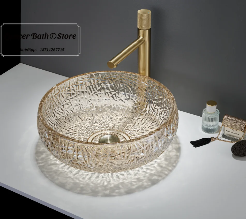 Modern Creative Treasure Bowl Crystal Glass Vessel Sink Round Colored Craft Tempered Glass Wash Basin For Luxury Bathroom