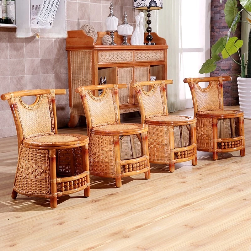Natural Rattan Stool for Living Room, Outdoor Patio Woven Round Chair, Genuine Cane Shoe Bench for Hallway, Home Decor  Ottoman